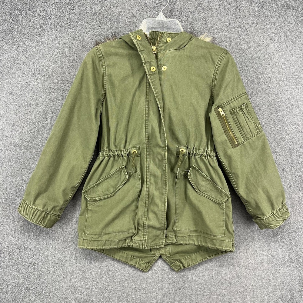GAP Kids Jacket Girls Small 6-7 Olive Hooded Parka Faux Fur‎ Trim Utility Anorak
